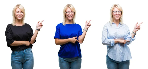 Collage Bella Donna Bionda Sfondo Isolato Con Grande Sorriso Sul — Foto Stock