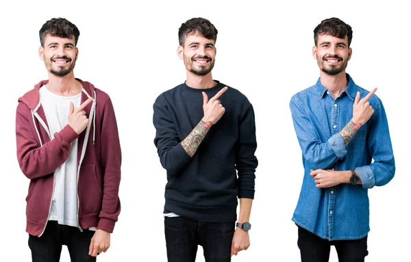 Collage Van Jonge Man Geïsoleerde Achtergrond Vrolijk Met Een Glimlach — Stockfoto