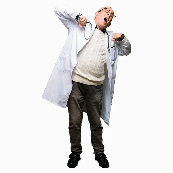 Handsome Senior Doctor Man Wearing Medical Coat Stretching Back Tired — Stock Photo, Image