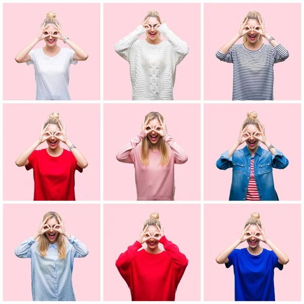 Collage Young Beautiful Blonde Woman Pink Isolated Background Doing Gesture — Stock Photo, Image