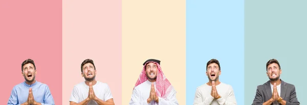 Collage Handsome Young Man Colorful Stripes Isolated Background Begging Praying — Stock Photo, Image