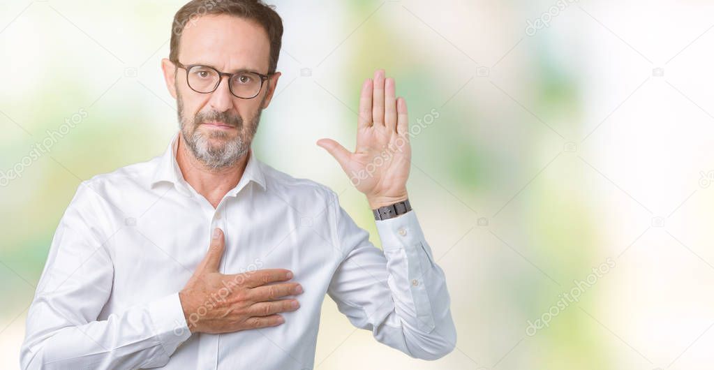 Handsome middle age elegant senior business man wearing glasses over isolated background Swearing with hand on chest and open palm, making a loyalty promise oath