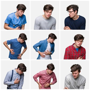 Beyaz genç adam kolaj izole mide üzerinde el ile arka plan çünkü mide bulantısı, ağrılı hastalık hasta hissediyor. Ağrısı kavramı.