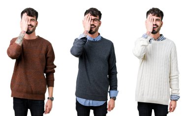 Yüzünde kendinden emin bir gülümseme ve sürpriz duygu ile bir göz kapsayan izole arka plan üzerinde bir kazak giyen genç adamın kolaj.