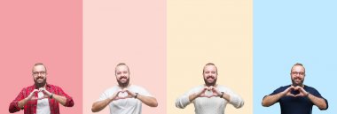 Renkli çizgili üzerinde sakallı genç adamın kolajı izole arka plan aşk kalp sembolü ve elleriyle şekil gösteren gülümseyerek. Romantik kavram.