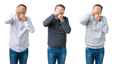 Kolaj üst düzey yakışıklı beyaz izole üzerinde bir kaplama gözleri arka plan ve şaşırttı ve şok ellerle ağız. Duygu gizleme