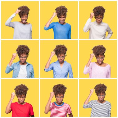 Sarı izole arka plan üzerinde genç güzel Afrikalı kız Kolaj kızgın ve öfkeli yükselterek yumruk sinirli ve öfkeli öfke ile bağırarak. Öfke ve agresif kavram.