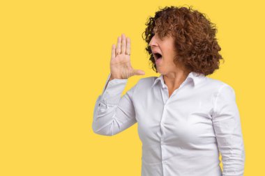 İzole arka plan üzerinde güzel orta ager kıdemli Iş kadın bağırmak ve ağzına el ile yan gürültülü çığlık. İletişim konsepti.