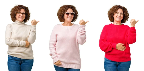 Collage Einer Seniorin Mittleren Alters Die Einen Winterpullover Über Weißem — Stockfoto