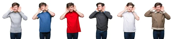 拼贴的年轻人在白色孤立的背景试图听到双手的耳朵手势 好奇的八卦 听力问题 — 图库照片