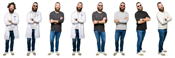 Collage Eines Jungen Mannes Mit Dutt Vor Weißem Isoliertem Hintergrund — Stockfoto