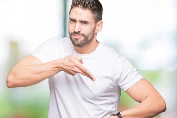 Bonito Homem Vestindo Shirt Branca Livre Fundo Pressa Apontando Para — Fotografia de Stock