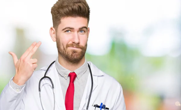 Young Handsome Doctor Man Wearing Medical Coat Shooting Killing Oneself — Stock Photo, Image