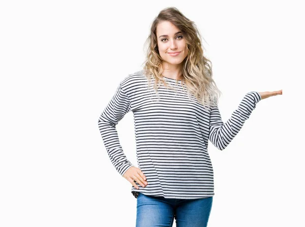 Beautiful Young Blonde Woman Wearing Stripes Sweater Isolated Background Smiling — Stock Photo, Image