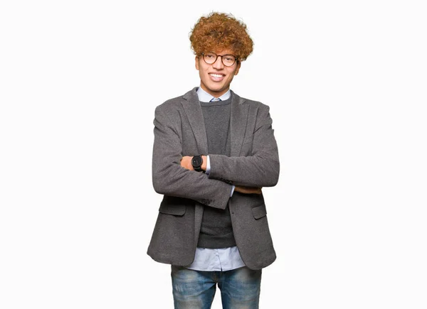 Joven Hombre Negocios Guapo Con Afro Usando Gafas Cara Feliz — Foto de Stock