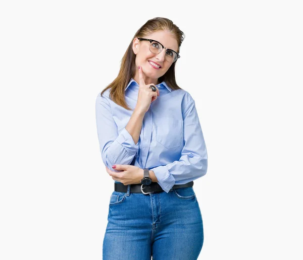 Kobieta Biznesu Dojrzałe Piękne Średnim Wieku Okularach Białym Tle Ręką — Zdjęcie stockowe