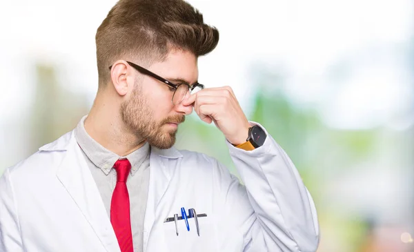 Young Handsome Scientist Man Wearing Glasses Tired Rubbing Nose Eyes — Stock Photo, Image