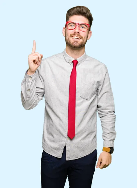 Young Handsome Business Man Wearing Glasses Pointing Finger Successful Idea — Stock Photo, Image