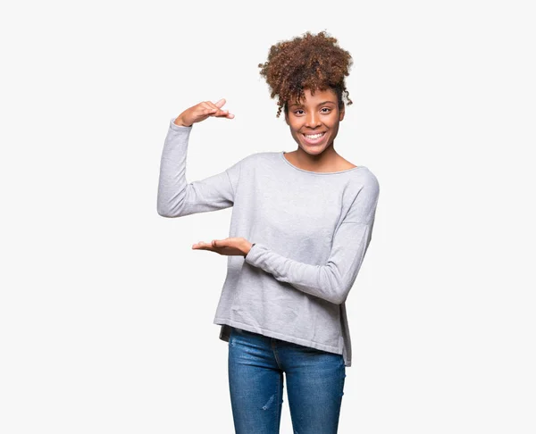 Beautiful Young African American Woman Isolated Background Gesturing Hands Showing — Stock Photo, Image