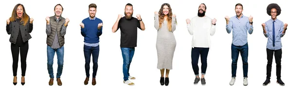 Collage Van Mensen Het Vieren Van Witte Geïsoleerde Achtergrond Verrast — Stockfoto