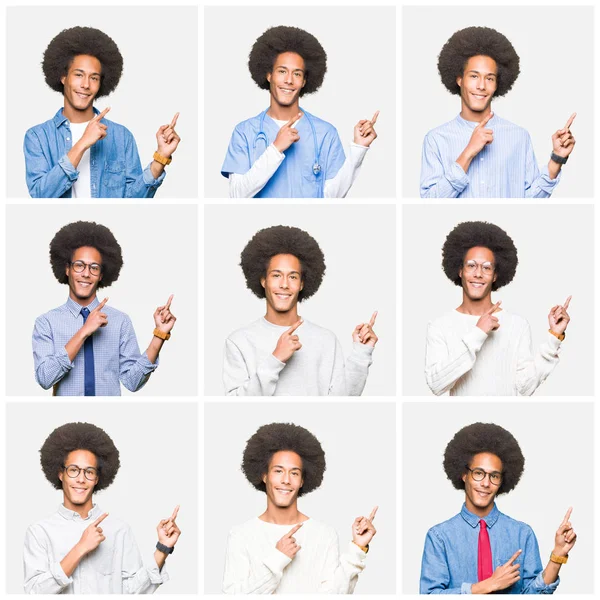 Koláž Mladého Muže Afro Vlasy Bílé Izolované Pozadí Úsměvem Při — Stock fotografie