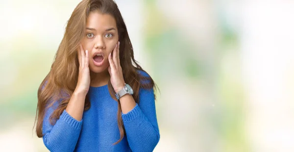 Young Beautiful Brunette Woman Wearing Blue Sweater Isolated Background Afraid — Stock Photo, Image