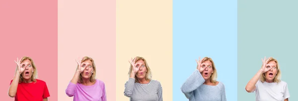 Collage Medelålders Senior Vacker Kvinna Över Färgglada Ränder Isolerad Bakgrund — Stockfoto