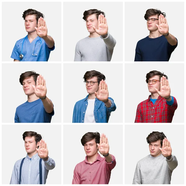 Collage Ung Man Över Vit Isolerade Bakgrund Gör Stopp Sjunger — Stockfoto