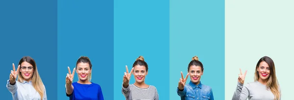 Collage Von Jungen Schönen Frau Über Blauen Streifen Isolierten Hintergrund — Stockfoto