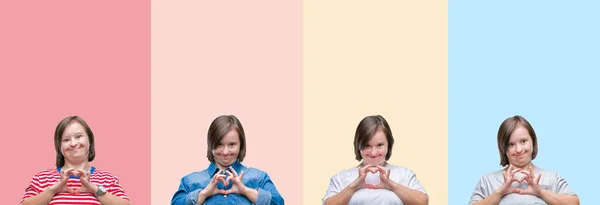 Renkli Çizgiler Izole Arka Plan Üzerinde Sendromlu Kadının Kolaj Elleri — Stok fotoğraf