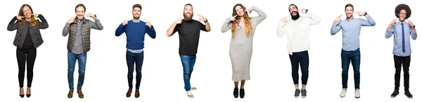 Collage Personas Sobre Fondo Blanco Aislado Sonriendo Confiado Mostrando Señalando —  Fotos de Stock