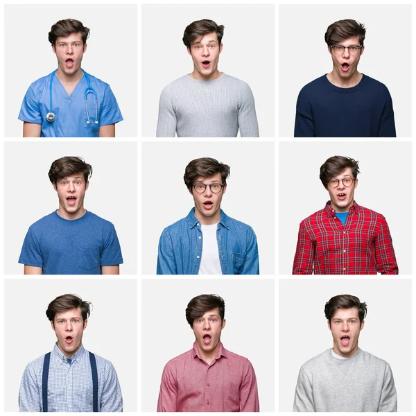 Collage Young Man White Isolated Background Afraid Shocked Surprise Expression — Stock Photo, Image