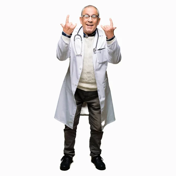 Handsome Senior Doctor Man Wearing Medical Coat Shouting Crazy Expression — Stock Photo, Image