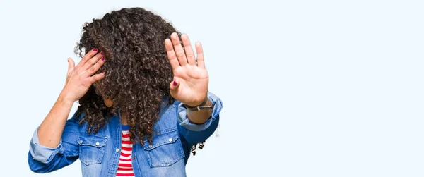 Young Beautiful Woman Curly Hair Wearing Glasses Covering Eyes Hands — Stock Photo, Image
