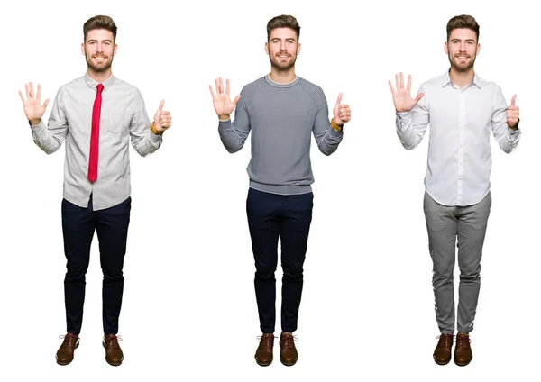 Collage Joven Hombre Negocios Guapo Sobre Fondo Blanco Aislado Mostrando —  Fotos de Stock