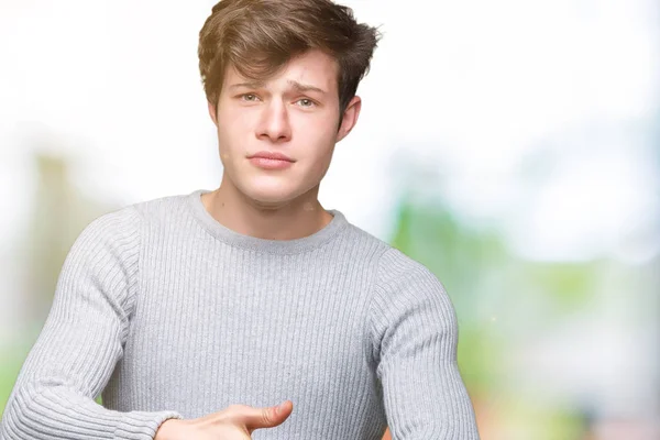 Giovane Bell Uomo Che Indossa Maglione Invernale Sfondo Isolato Fretta — Foto Stock