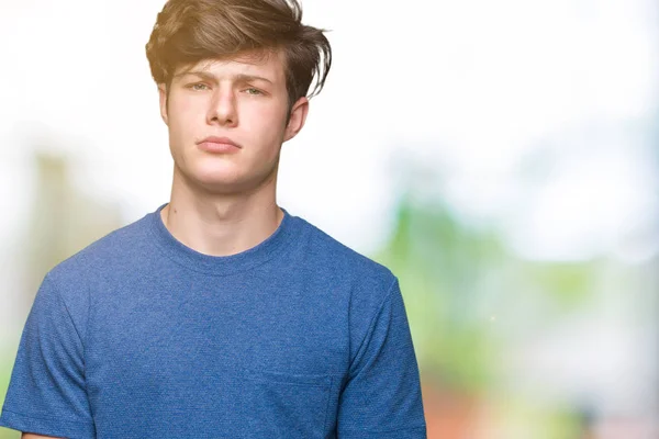 Jonge Knappe Man Met Blauw Shirt Geïsoleerde Achtergrond Scepticus Nerveus — Stockfoto