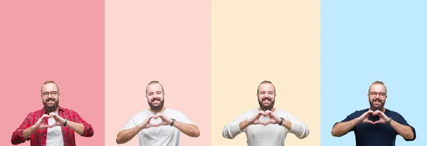 Collage Giovane Uomo Con Barba Strisce Colorate Sfondo Isolato Sorridente — Foto Stock