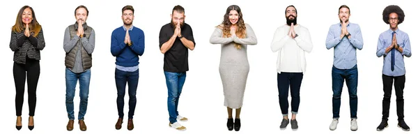 Collage Personas Sobre Fondo Blanco Aislado Rezando Con Las Manos — Foto de Stock