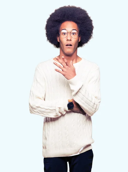 Young African American Man Afro Hair Wearing Glasses Afraid Shocked — Stock Photo, Image