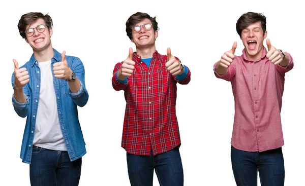 Collage Joven Sobre Fondo Blanco Aislado Aprobando Hacer Gesto Positivo —  Fotos de Stock