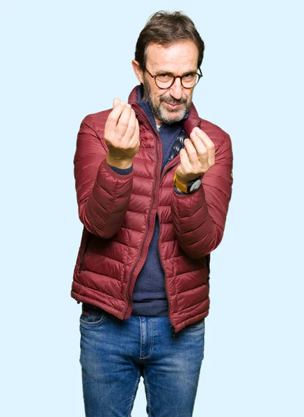 Middle Age Handsome Man Wearing Glasses Winter Coat Doing Money — Stock Photo, Image