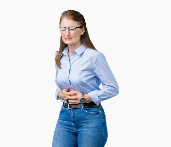 Kobiety Dojrzałe Biznesu Piękne Średnim Wieku Okularach Białym Tle Ręką — Zdjęcie stockowe