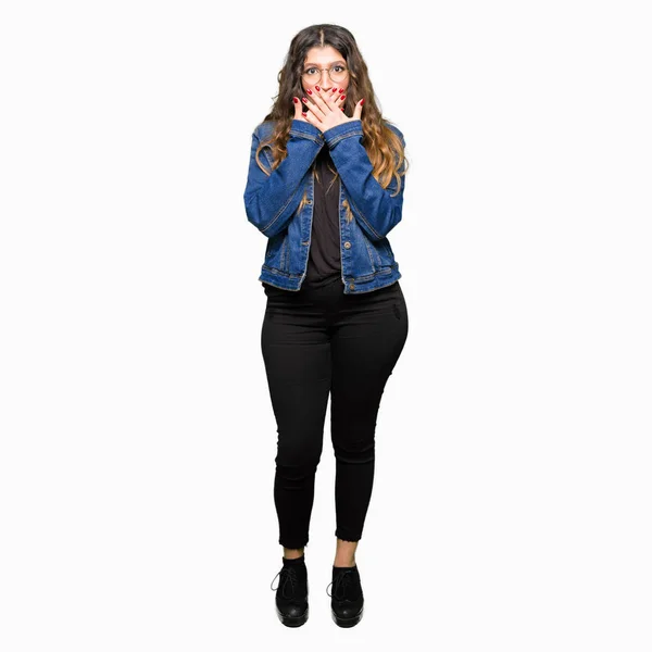 Young Beautiful Woman Wearing Glasses Denim Jacket Shocked Covering Mouth — Stock Photo, Image