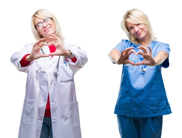 Collage Läkare Och Sjuksköterska Kvinna Över Vit Isolerad Bakgrund Leende — Stockfoto