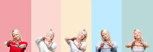 Collage Belle Femme Blonde Sur Des Rayures Colorées Fond Isolé — Photo