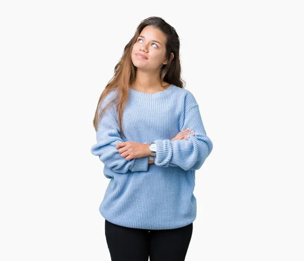 Jonge Mooie Brunette Vrouw Blauwe Winter Trui Dragen Geïsoleerde Achtergrond — Stockfoto