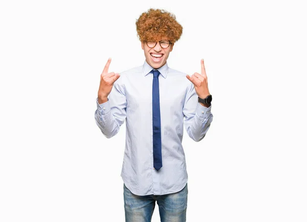 Young Handsome Business Man Afro Wearing Glasses Shouting Crazy Expression — Stock Photo, Image