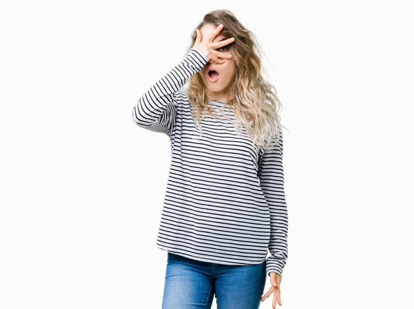 Beautiful Young Blonde Woman Wearing Stripes Sweater Isolated Background Peeking — Stock Photo, Image