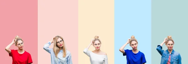 Colagem Bela Mulher Loira Sobre Listras Coloridas Fundo Isolado Confundir — Fotografia de Stock